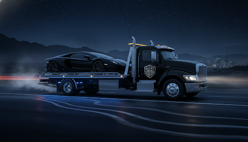 Bucky Towing Light and Medium Duty Flatbed Tow Truck on Highway at Dusk